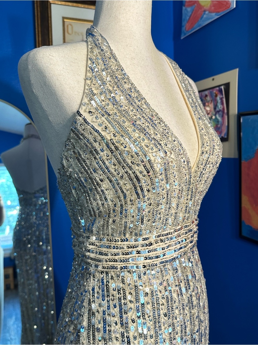 Mac Duggal 5759 Silver Nude Beaded Sequin Evening Gown Size 4 NWT Formal Dress - Picture 6 of 7
